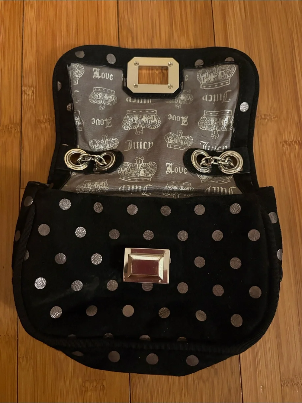 Juicy Couture Black Shoulder Bag with Silver Polka Dots Adjustable strap